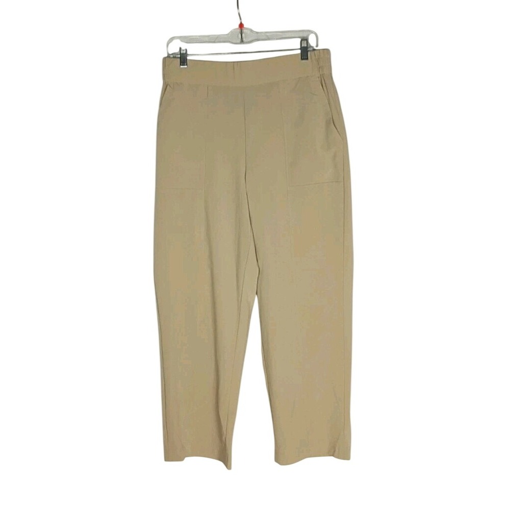 Loft Women's Pull On Wide Leg Cropped pants Size L Khaki Elastic Waist Pockets